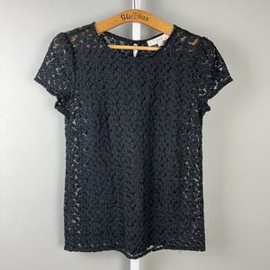Ann Taylor LOFT Sheer Black Top Shirt Womens S Nylon Mesh Floral Embroidered‎
